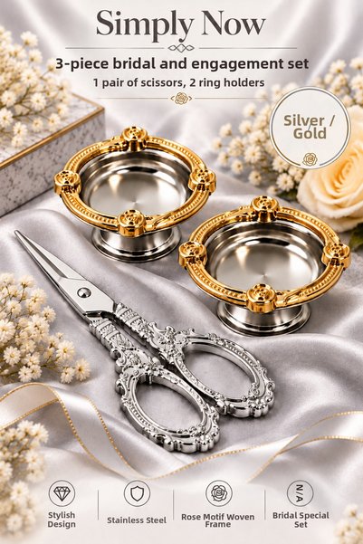 Simply Now 3-Piece Promise Engagement Ring Cutting Set – 2 Rose Motif Ring Risers & 1 Engraved Engagement Scissors, Silver & Gold Glitter