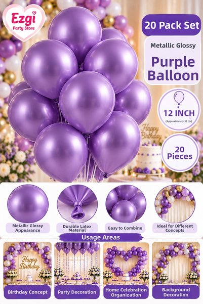 Ezgi Party Store Set of 20 Metallic Shiny Purple Balloons 12 Inch Birthday Ba...