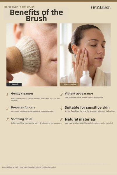 vivamaison Horsehair Facial Brush for Dry Brushing with Wooden Handle and Cotton Pouch