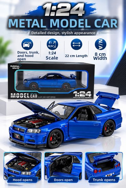 PONİKİDO Nissan Skyline Gt-R R34 1:24 Scale Metal Model Car 22cm Openable Door Hood Trunk Blue