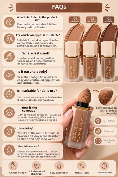 MİLANO BEAUTYS Matte Contour Liquid Contour with Sponge Tip – Face Sculpting and Shading – 101 / 102 / 103