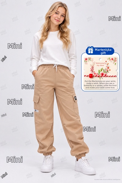 Minimoda Kids Pantaloni jogger pentru fete cu buzunare cargo și talie și pici...