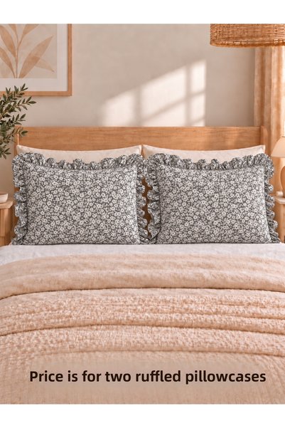 Decamor home Coton 2 Pieces Cotton Fabric Gray Mini Floral Ruffle Pillow Case