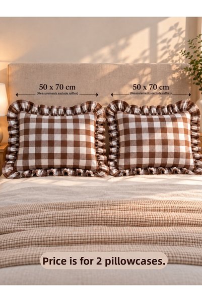 Decamor home Iris 2 Pieces Cotton Large Gingham Brown Ruffle Pillowcase