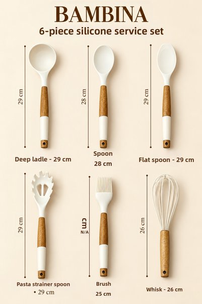 KLARHAUS Bambi̇na 6-Piece Bamboo Handle Acacia Look Silicone Kitchen Serving Set (Gray / Black / White)
