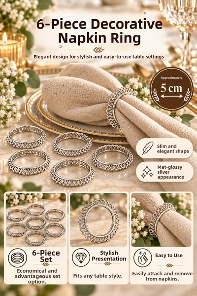 Morlay Set of 6 Decorative Silver Napkin Rings 5 cm Silver Color Stylish Tabl...