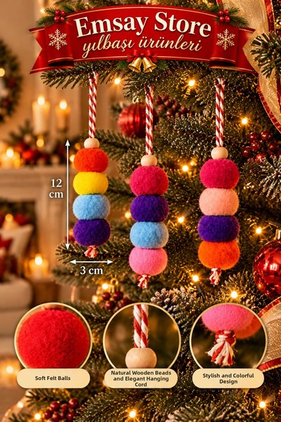 Emsay Store 3-Piece Colorful Pompom Christmas Tree Ornament – Handmade Look, ...