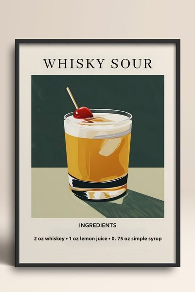 HOMEPACK Whiskey Sour Cocktail Recipe Dark Green Retro Framed Painting Cocktail Poster Bar Kitchen Decor Kok13