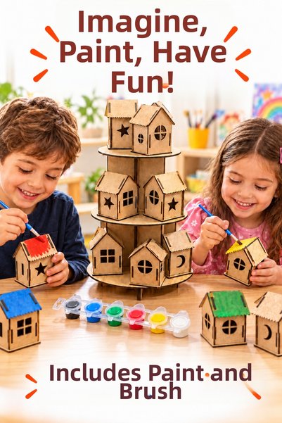 212toyzz 12-Piece Wooden Mini House Painting Set – Children's Activity and Hobby Set with 3-Tier Stand, Paint and Brush as Gifts