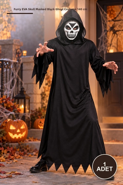 Yenilig 1 Costum de fantomă neagră cu mască de craniu EVA cu blană 140 CM - C...
