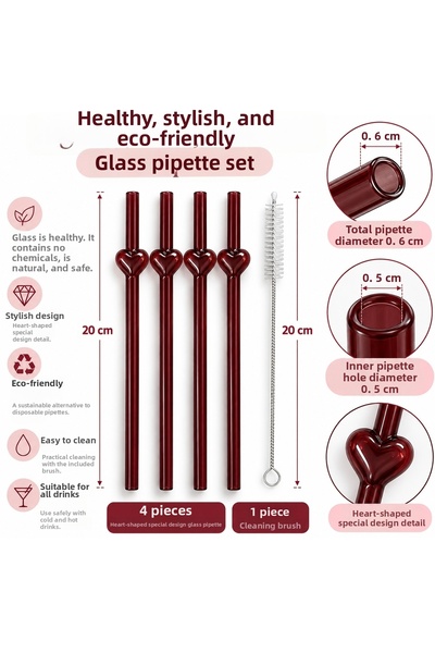 Aşkana yuvanıza aşkla... Aşkan'A 4-Piece Heart-Shaped Glass Straw Set 20 cm – Red, Reusable, with Cleaning Brush, 5 Pieces