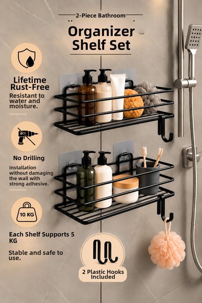 ESMANA LIVING Adhesive Bathroom Organizer 2 Pieces Bathroom Shelf Shampoo Hol...