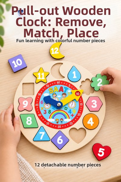 212toyzz Wooden Educational Clock 26 cm – Geometric Shaped Puzzle, Number and Time Learning Toy for Children