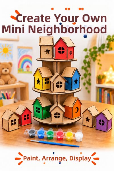 212toyzz 12-Piece Wooden Mini House Painting Set – Children's Activity and Hobby Set with 3-Tier Stand, Paint and Brush as Gifts