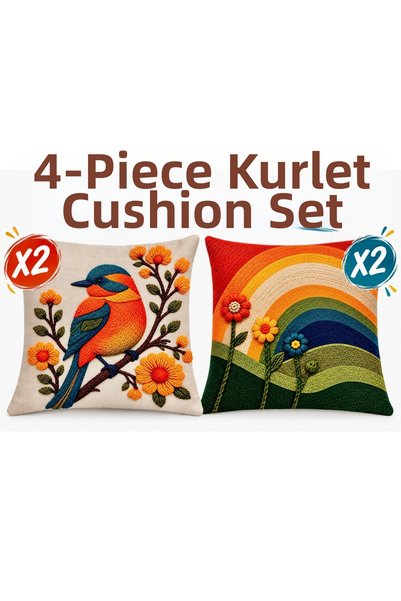 Aşkana yuvanıza aşkla... Aşkan'A 4-Piece Decorative Throw Pillow Cover Set 41.5X41.5 cm – Cotton Fabric, Bird and Rainbow Floral Pattern, Digital Printed, Bohemian Sofa Cushion Cover