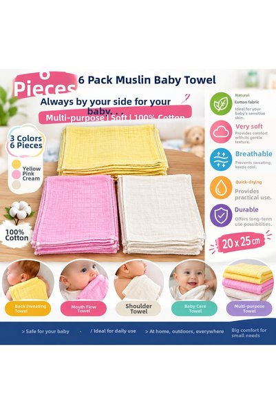 Öztürk 6 Pieces Muslin Baby Diapers 20X25 cm Yellow Pink Cream 3 Colors Cotton Baby Care Diapers Mouth Wiping Shoulder and Back Sweat Cloth