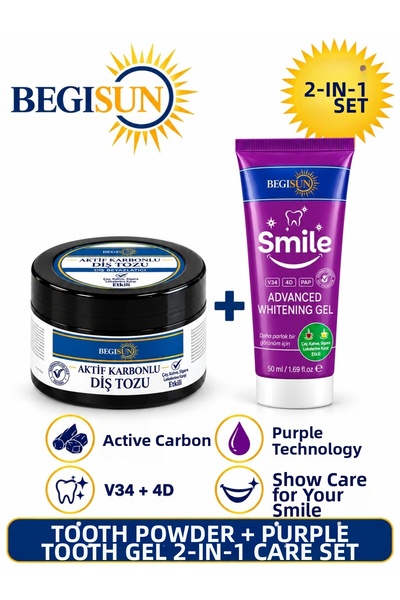 BEGISUN Dual Dental Care Set with V34 & 4D Technology – Purple Toothpaste 50 ml + Activated Carbon Tooth Powder