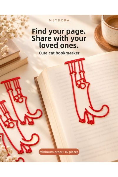 Myd Group Meydora Cute Cat Bookmark – Gift for Book Lovers, Black 3D Printing – 16 Pieces