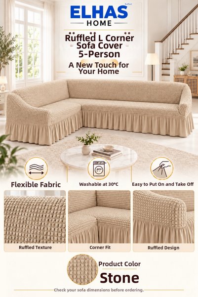 ELHAS Bürümcük Fabric 5-Seater L Corner Sofa Cover with Skirt