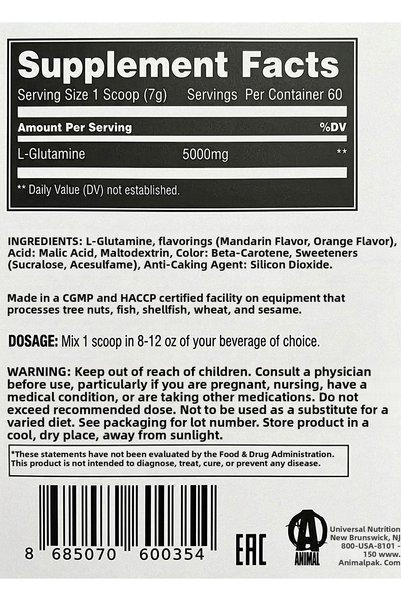 Animal 100% Pure L-Glutamine with Mandarin Orange Flavor