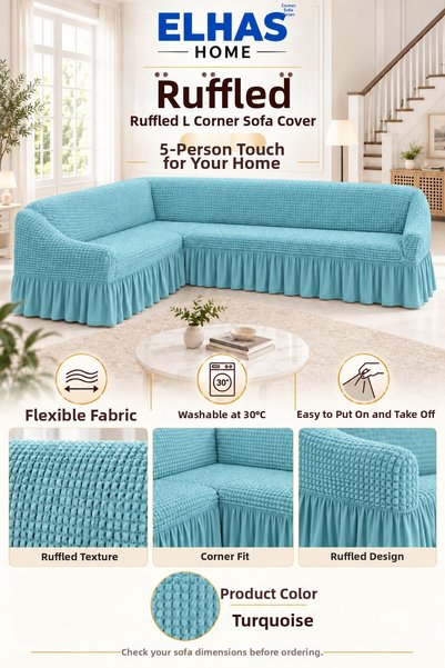 ELHAS Bürümcük Fabric 5-Seater L Corner Sofa Cover with Skirt