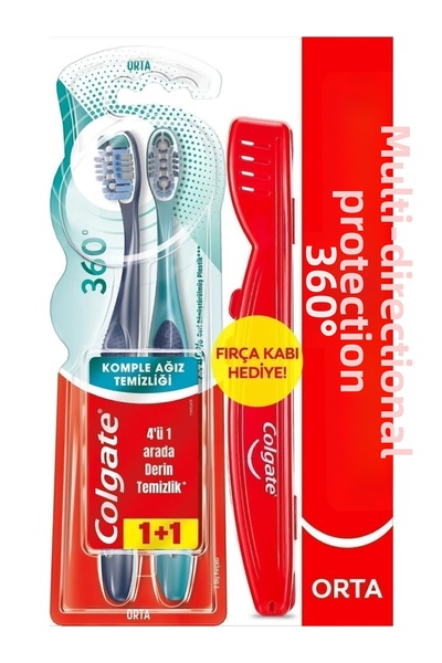 Colgate 360 Complete Oral Cleaning All-Round Protection Medium Toothbrush 1+1 & Brush Cup Gift