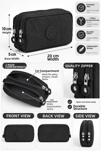 VIATOX Vt-Two-Compartment Clinker Fabric Pencil Case School University Bag Black