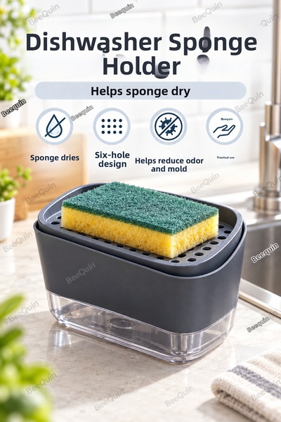 BeeQuin Suport pentru burete, săpun de vase, recipient pentru detergent, cu b...