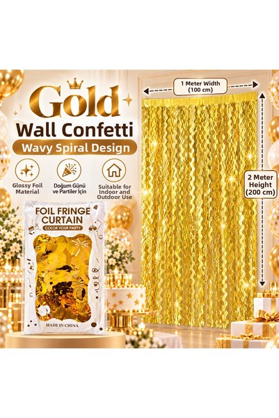Partifabrik Gold Spiral Patterned Wall Background Tassel Decor Curtain 1 Meter Wide and 2 Meters Long