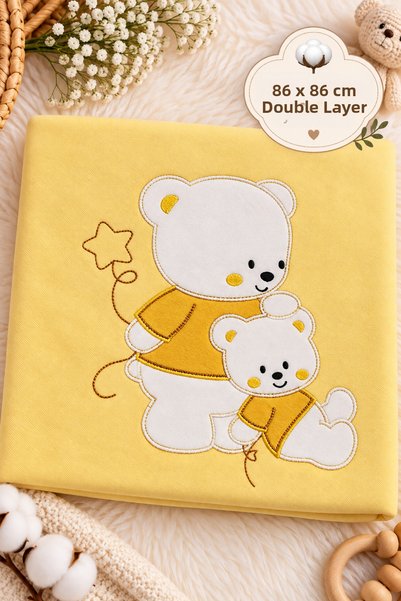 Babush Teddy Bear Embroidered Baby Blanket 86X86 cm Double Layer Combed Cotto...