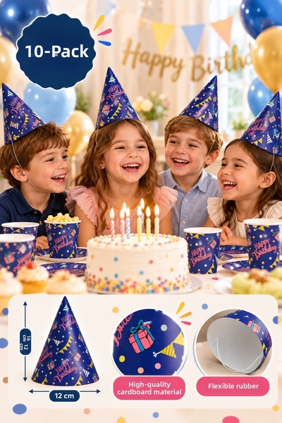 HAPPYLOOPPARTY Set of 10 Navy Blue Happy Birthday Party Hats – Flexible Elast...