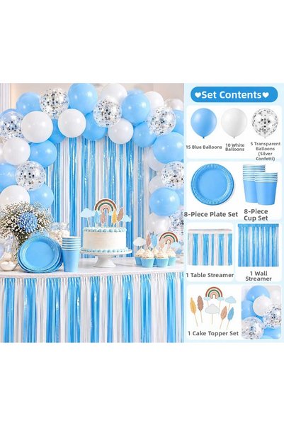 DEHAPARTY Birthday Celebration Set Baby Boy Blue Plate Cup Balloon Birthday D...