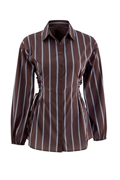 Trendyol Modest Brown Blue Waist Tie Detailed Striped Woven Shirt Tctss25Tg00003