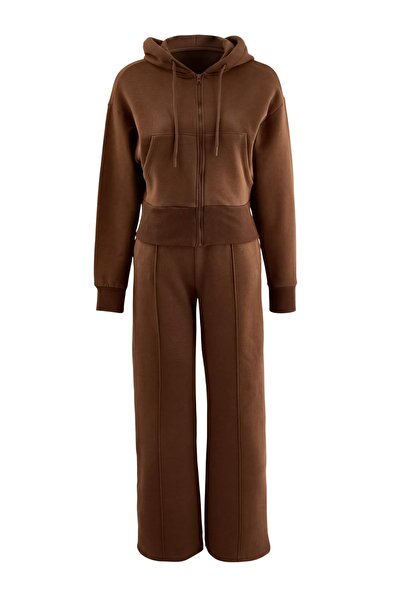 Trendyol Collection Set de trening tricotat, maro, cu glugă din fleece, 3 pie...