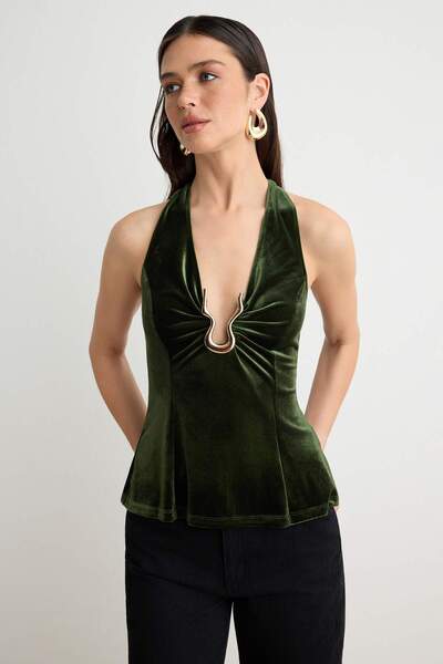 Trendyol Collection Khaki Halter Neck Velvet Blouse with Accessory Detail Tpr...
