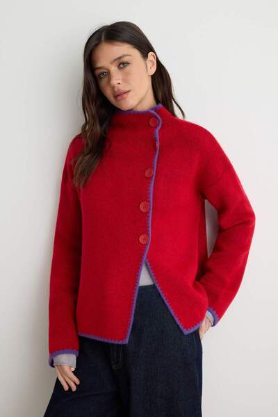 Trendyol Collection Red Soft Textured Stand Collar Color Block Knitwear Cardi...