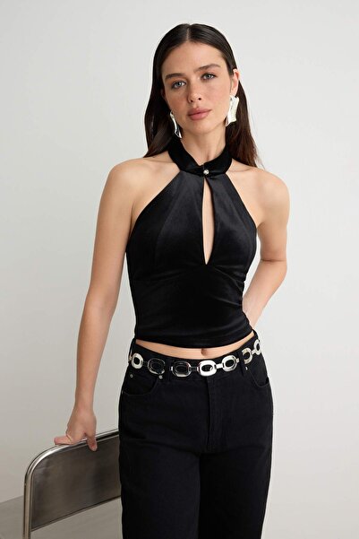 Trendyol Collection Black Velvet Stone Party Blouse Tpraw27Bz00052