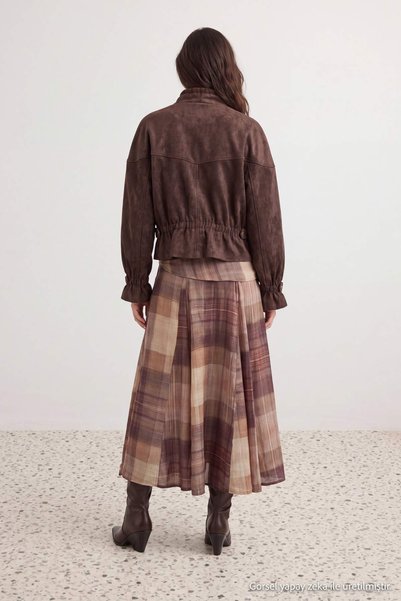 Trendyol Modest Brown Plaid Maxi Skirt with Tie Detail Tctaw27Ee00008