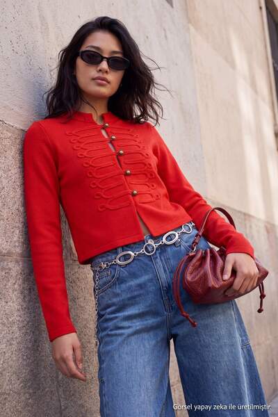 Trendyol Collection Red Stand-Up Collar Napoleon Buttoned Knitwear Cardigan T...