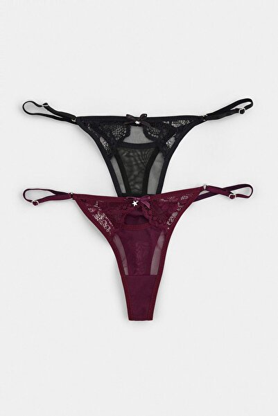 Trendyol Collection Black-Multicolor 2-Piece Lace Plain Thong Panties Thmaw27...