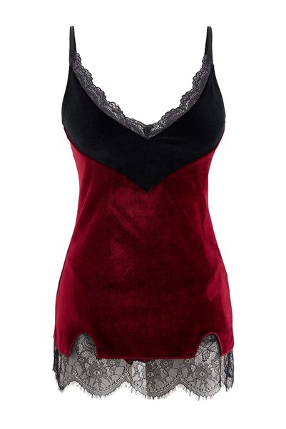 Trendyol Collection Burgundy Thin Straps Velvet Lace Detailed Babydoll/Fantas...