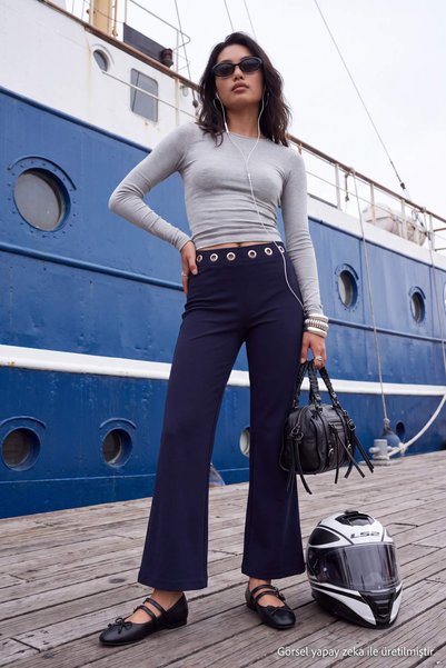 Trendyol Collection Navy Blue Eyelet Detailed Fitted Flare Pants Twoaw27Pl00123