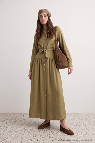 Trendyol Modest Khaki Button Detailed Belted Maxi Woven Hijab Shirt Dress Tct...