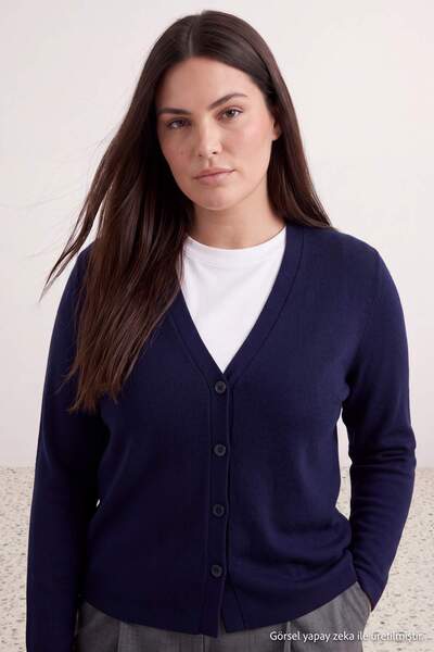 Trendyol Curve Cardigan albastru închis cu decolteu în V și accentuare în tal...