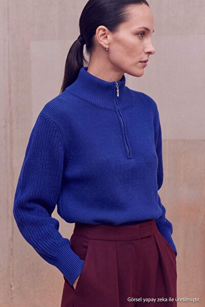 Trendyol Kollektion Marineblauer Trendyol Studio Stehkragen-Pullover mit Reiß...