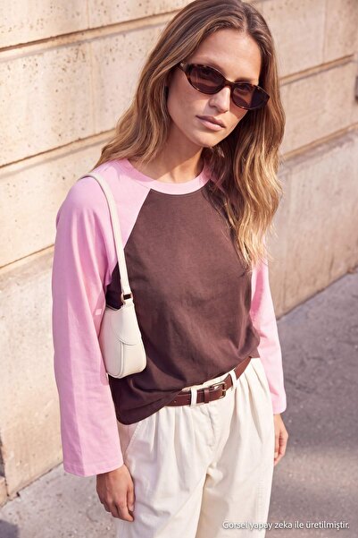 TRENDYOLMİLLA Pembe Premium İnterlok Reglan Kol Oversize Kalıp Beyzbol Uzun K...