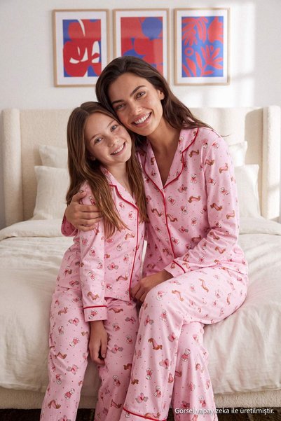 TRENDYOLKIDS طقم بيجامة للأم والابنة مطبوع عليه نمط كلب مصنوع من القطن بنسبة ...