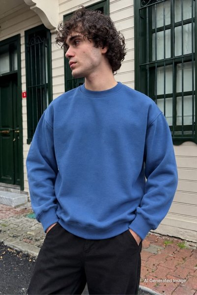 Madmext Indigo Crew Neck Oversize Basic Men's Sweatshirt 6048