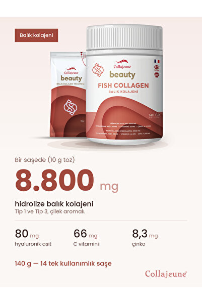 COLLAJEUNE Beauty Hidrolize Balık Kolajeni Fish Collagen Tip 1 Tip 3 - Çilek ...