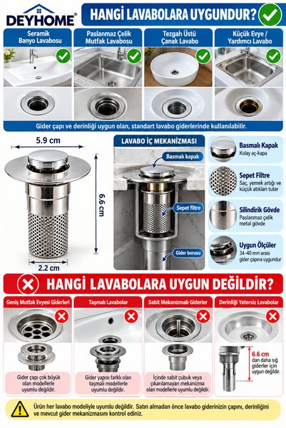 DEYHOME Push-Type Sink Drain Strainer with Basket Filter, Long Cylindrical Fi...